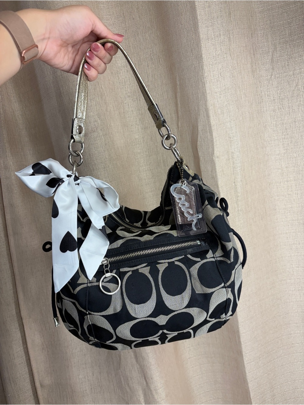 Coach Poppy Black & Gray Signature Logo Shoulder Bag with Heart Scarf Accent